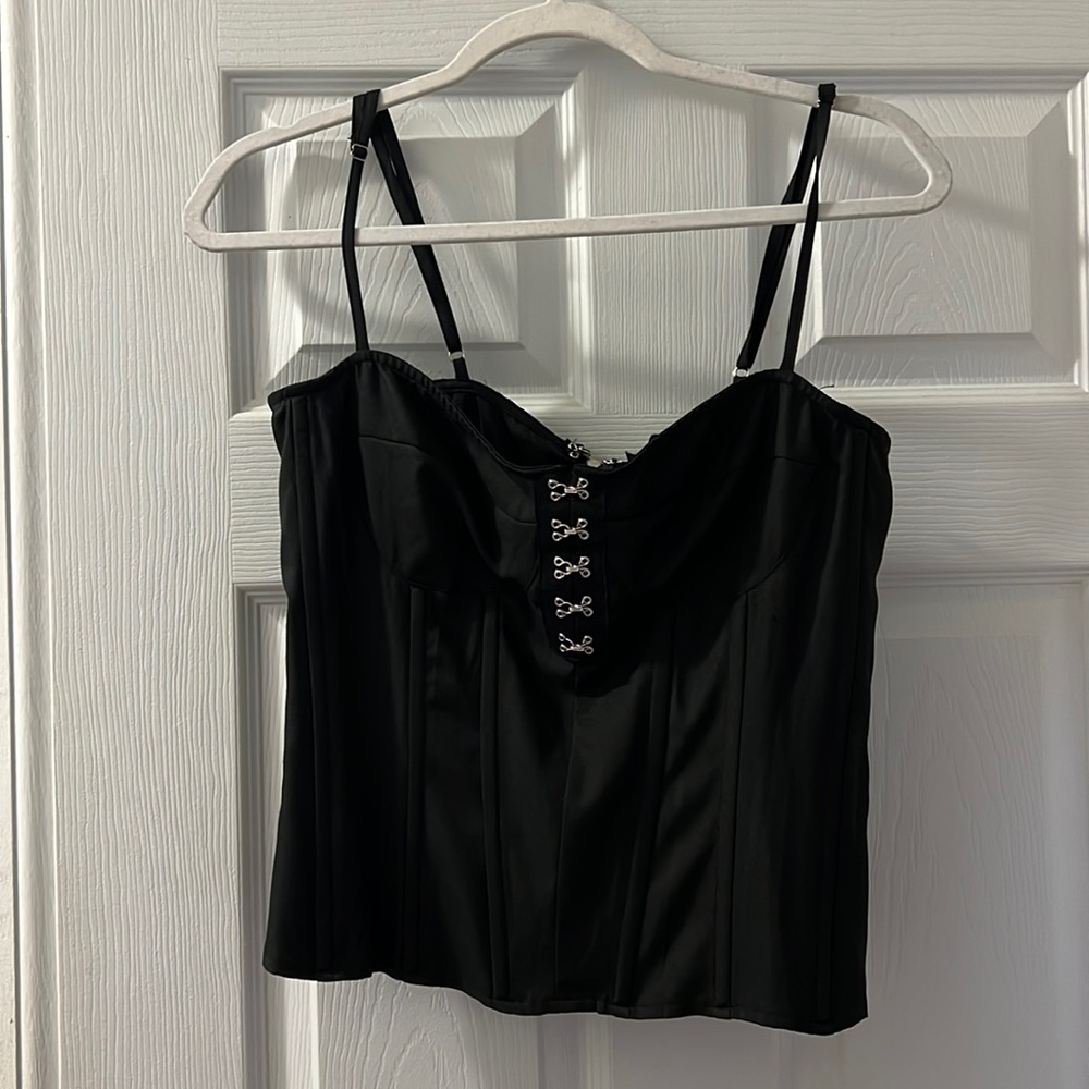PLT Black Woven Hook and Eye Structured Corset Long Top